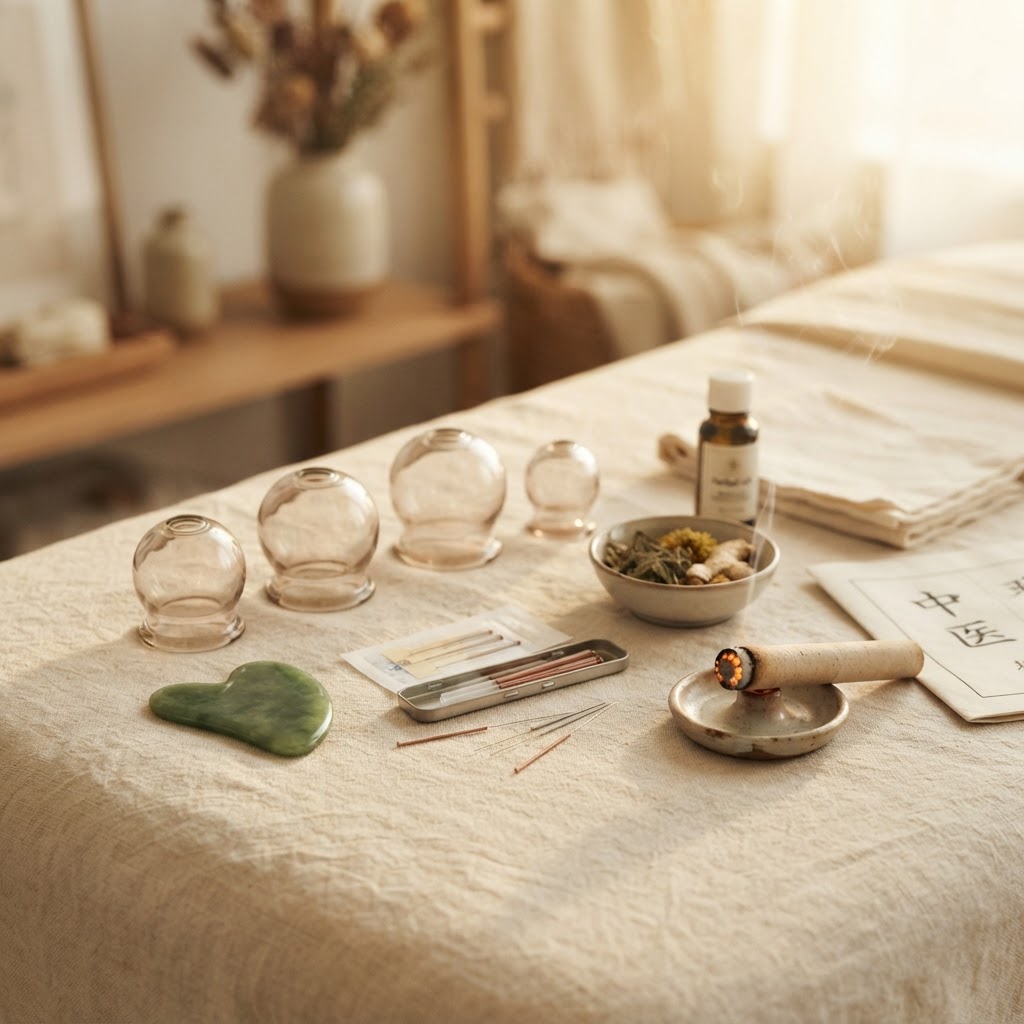 An elegant arrangement of Traditional Asian Medicine tools in soft golden light