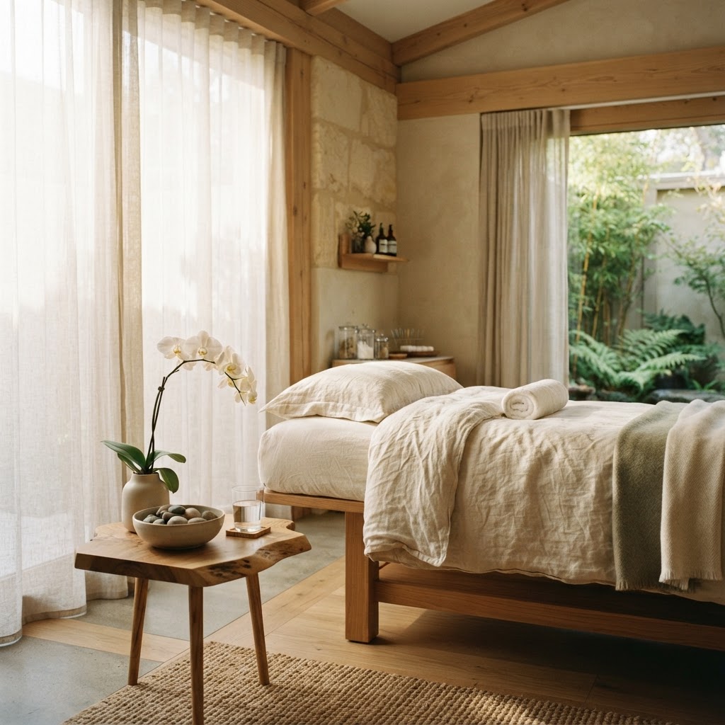 A serene wellness sanctuary bathed in warm natural light