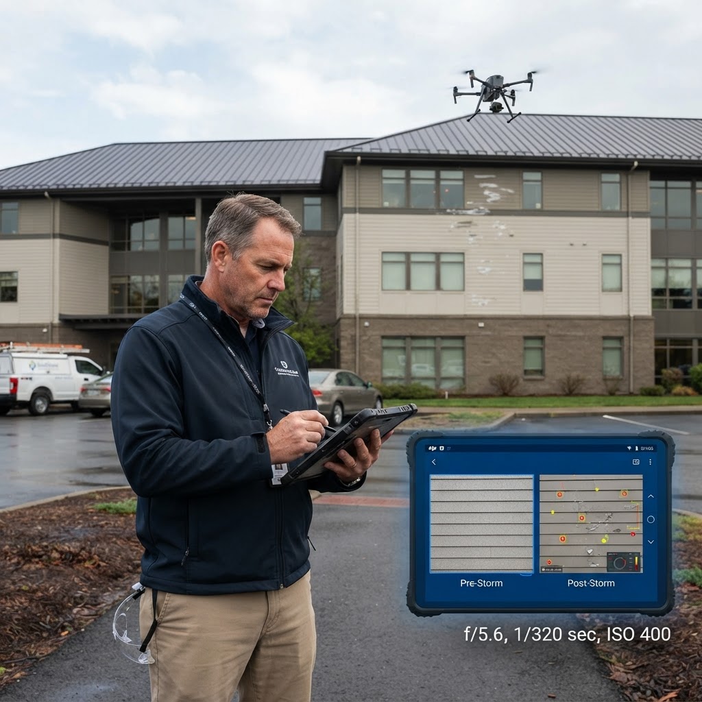 Facilities manager documenting minor storm damage with a drone and tablet, generating before-and-after recovery reports in Aegis Vekter.