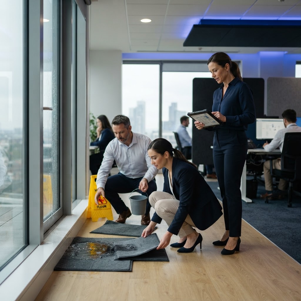 Office team calmly responding to a minor water leak while a manager follows Aegis Vekter guidance on a tablet.