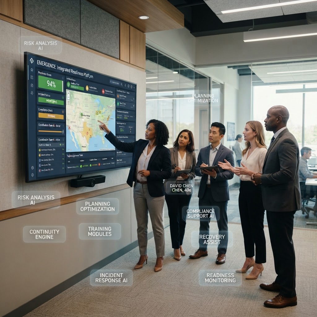 Business leader reviewing an AI-powered emergency management dashboard supported by multiple specialized Aegis Vekter agents.