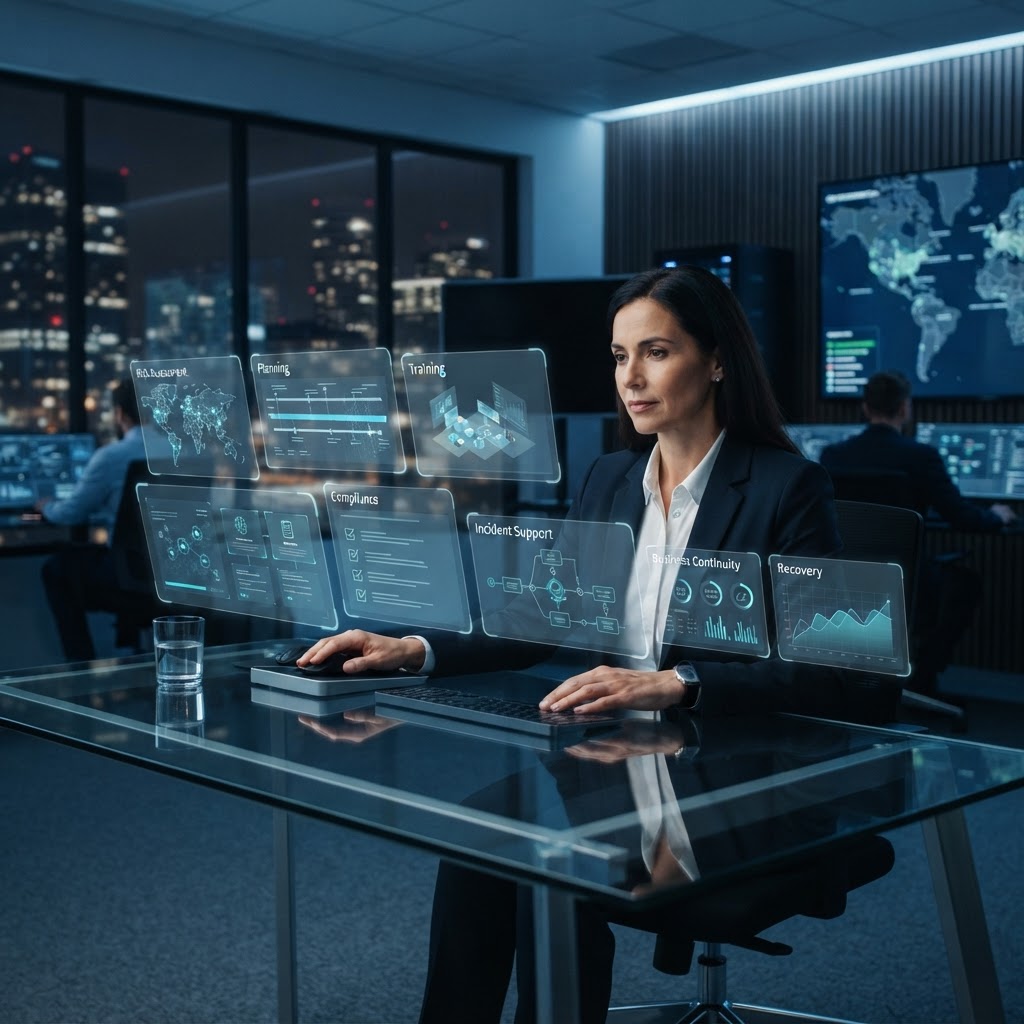 Business leader working with an Aegis Vekter digital command center coordinating multiple AI specialties for emergency management.