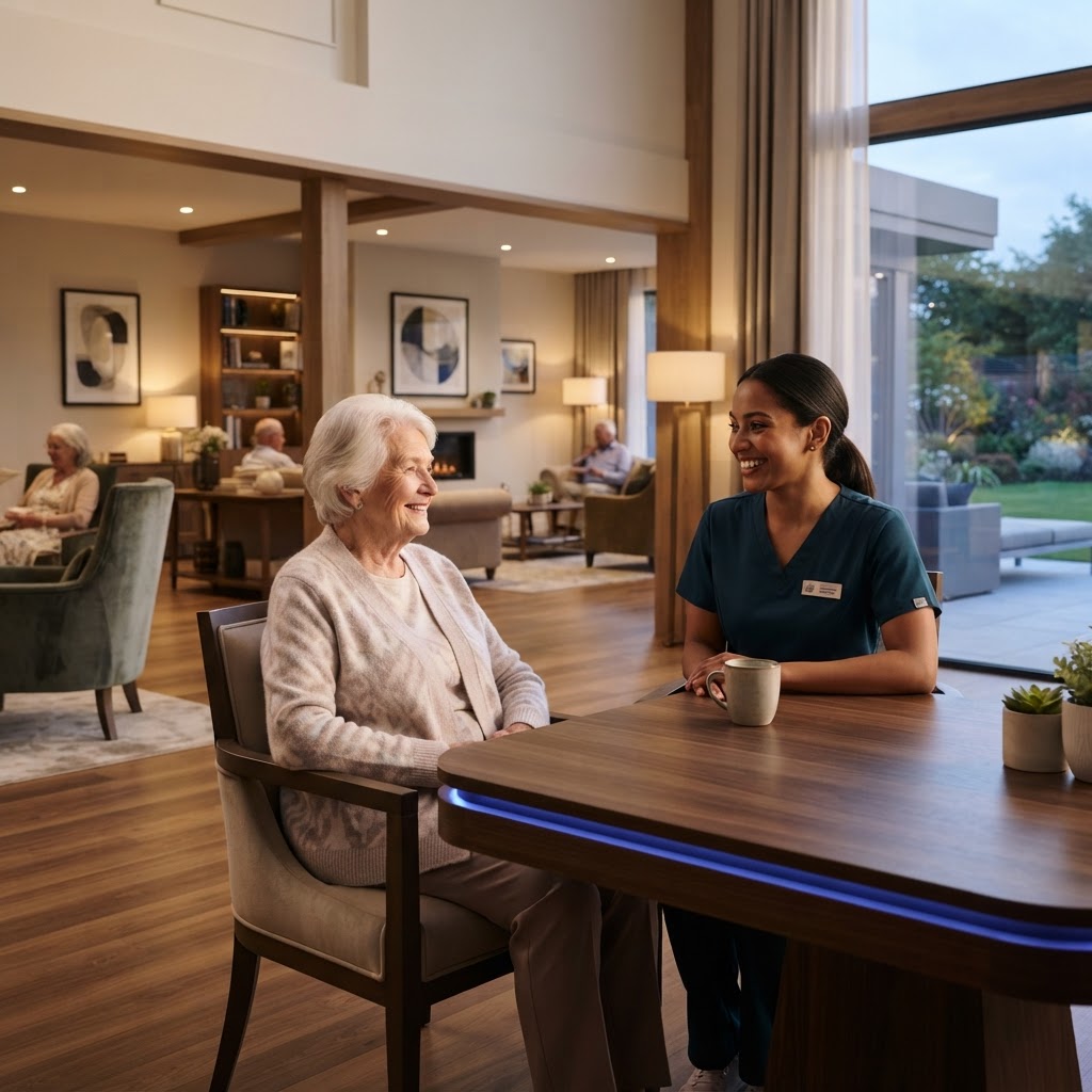 Caregiver and elderly resident in a modern assisted-living facility using Aegis Vekter preparedness guidance.