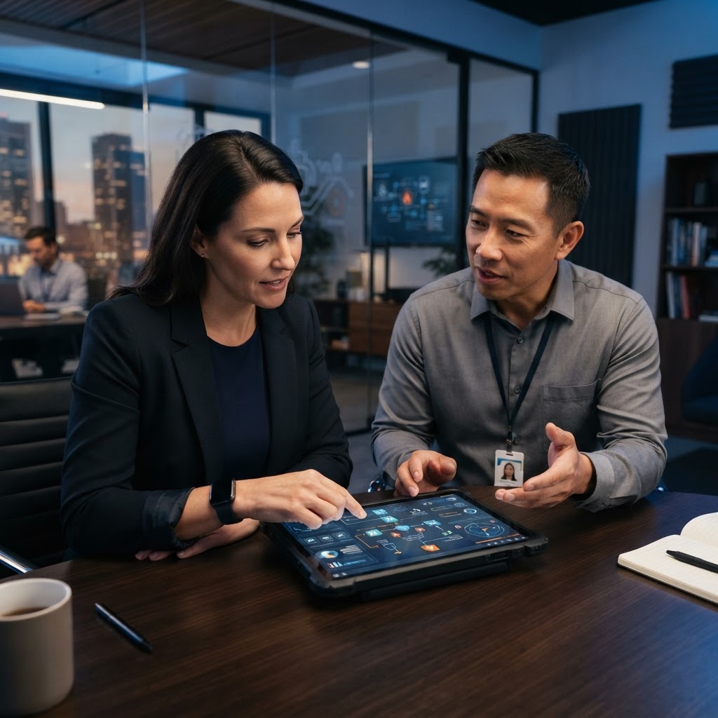 Business leader and emergency manager collaborating on an AI-generated emergency plan in Aegis Vekter.