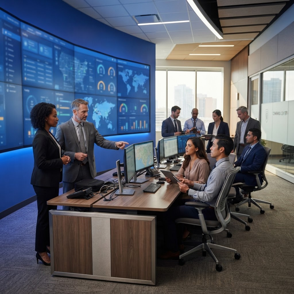 Business team reviewing an Aegis Vekter emergency preparedness dashboard showing organizational readiness, facility monitoring, and risk recommendations.
