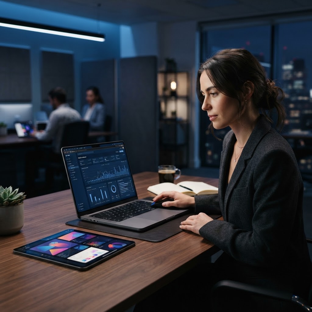 Professional exploring the Aegis Vekter emergency management dashboard on a laptop and tablet.