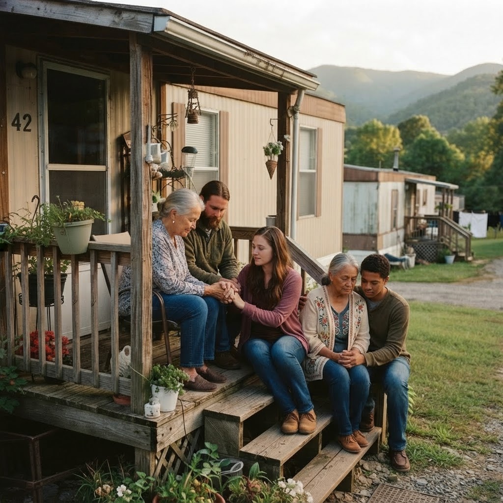 Missionaries sharing community and prayer outside mobile homes in Appalachia
