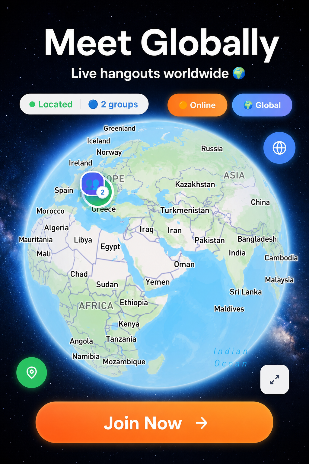 Konnectors app — Meet Globally: See live hangouts happening worldwide, in real time.