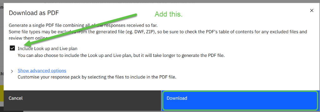 BYDA Download as PDF dialog with Include Look up and Live plan ticked