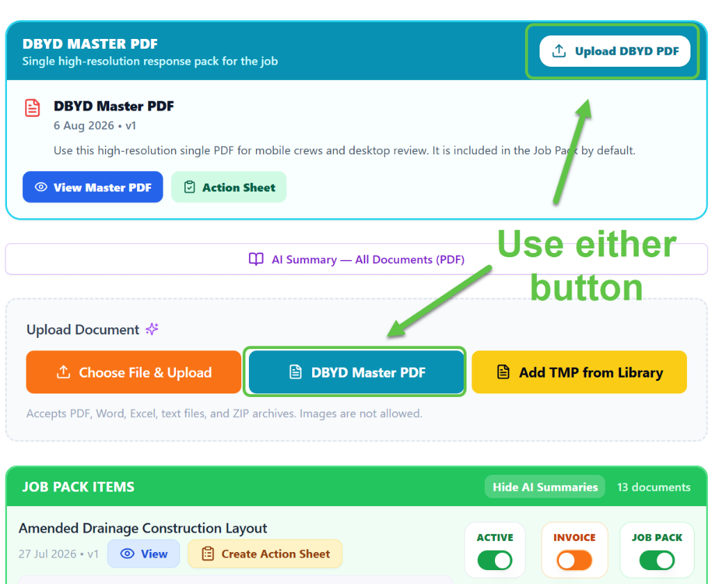 Job Folder DBYD Master PDF upload buttons