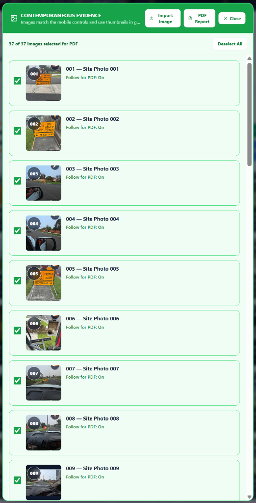 Contemporaneous Evidence image selection panel with Import Image, PDF Report, Close, selected image checkboxes and Deselect All
