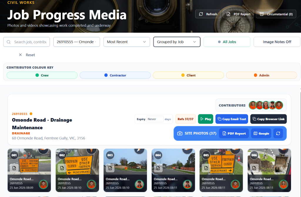 Job Media page showing search, job dropdown, grouped by job, live job filter, image notes filter and site photo controls