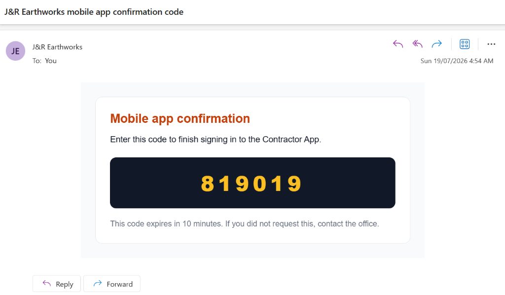 Email containing a J&R Earthworks mobile app confirmation code