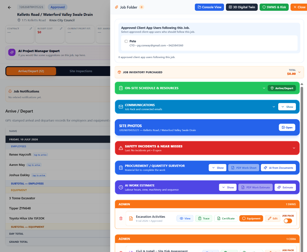 Job Folder delivery console with site photos, safety, procurement, communications, and resources