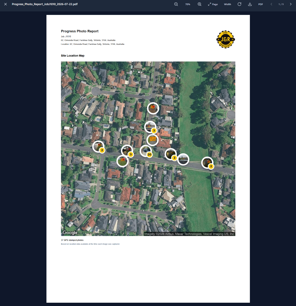 PDF viewer showing generated progress photo report with satellite site map and thumbnail cluster pins