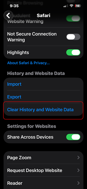 Clear website data
