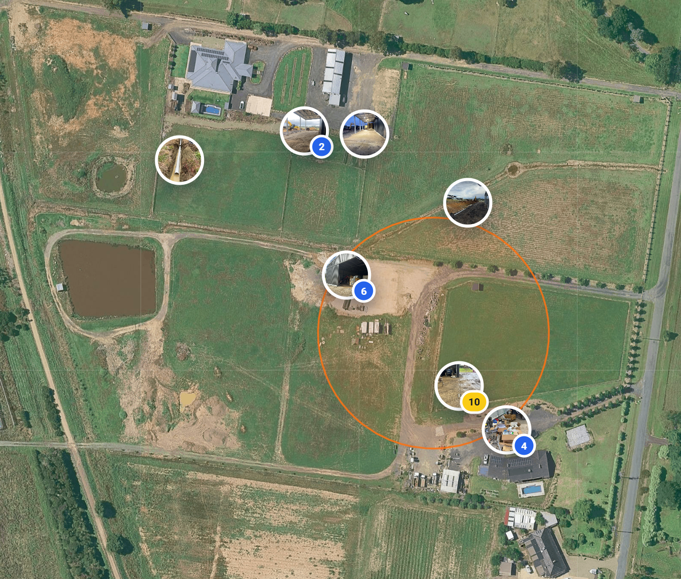 Satellite map showing a scalable orange geofence zone with legitimate photo evidence points outside the tight target area