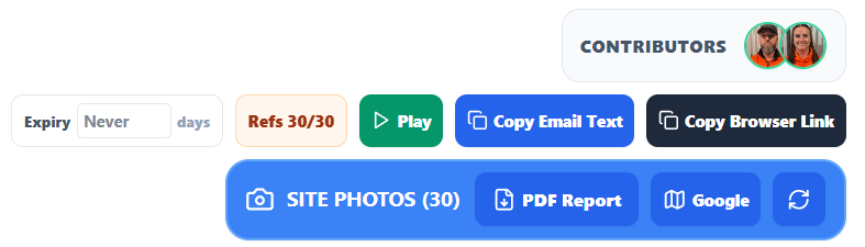 Job Media job action buttons showing Expiry, Refs, Play, Copy Email Text, Copy Browser Link, Site Photos, PDF Report, Google and Refresh