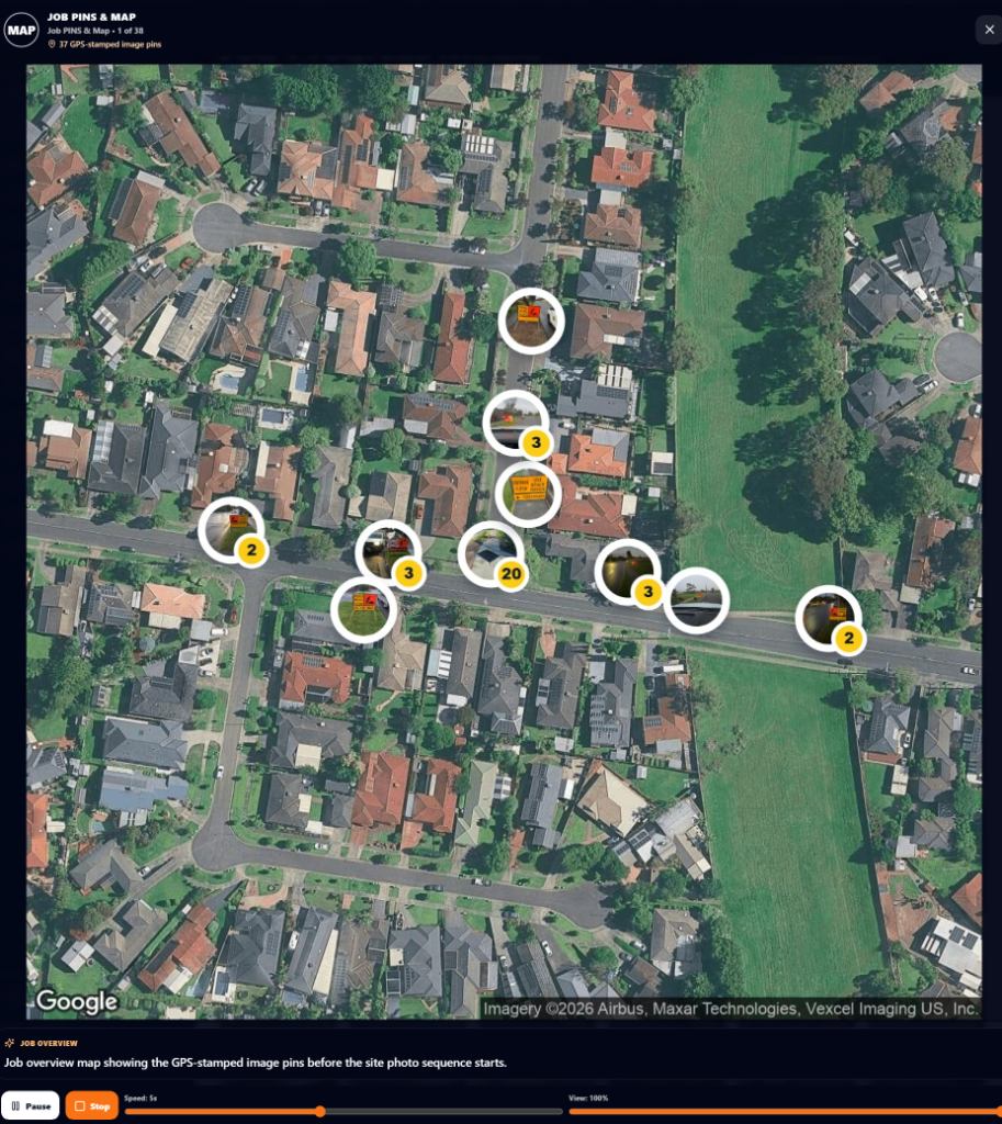 Player showing Job PINS and Map as the first presentation slide before job images