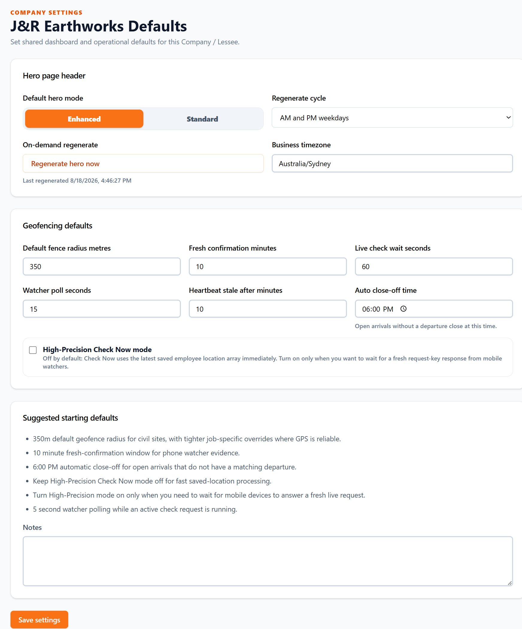 Company Settings page showing hero header controls and geofence defaults