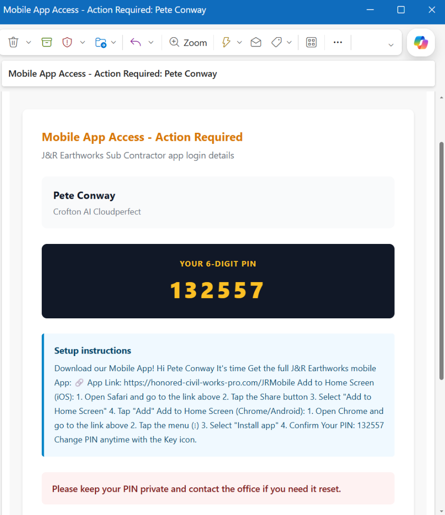 PIN invitation email