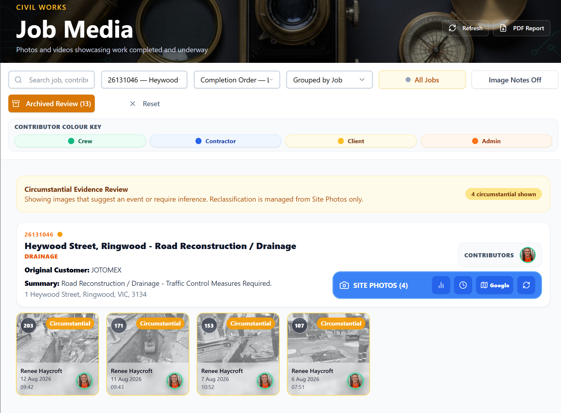 Archived Review mode showing the circumstantial evidence banner and dimmed archived image cards