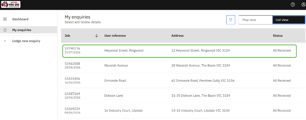 BYDA My enquiries list showing the correct enquiry selected