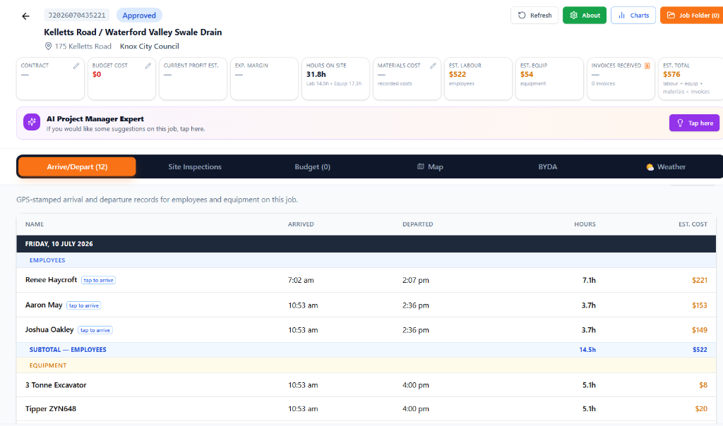 Job details showing live on-site time and cost summaries