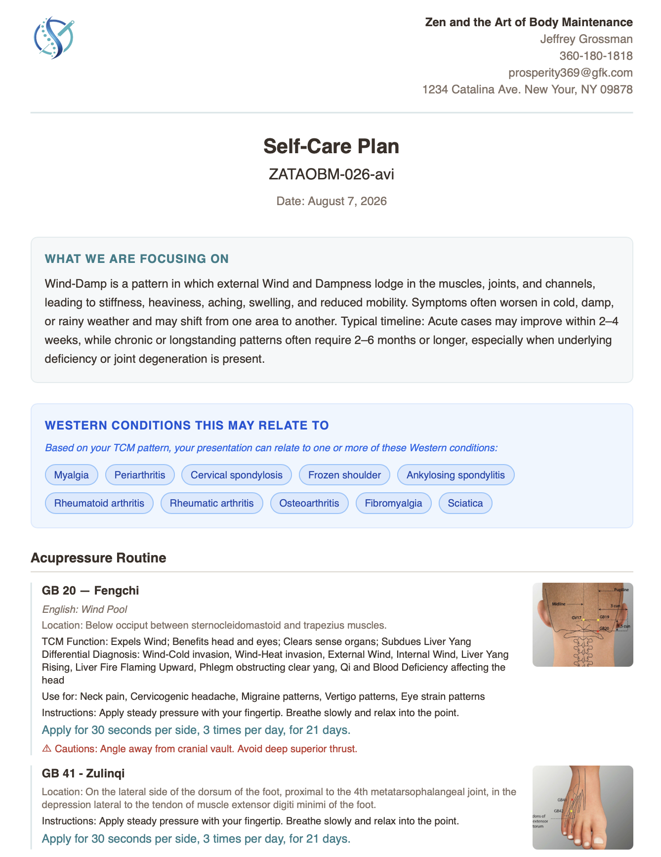 AcuProHealth Self-Care Plan handout