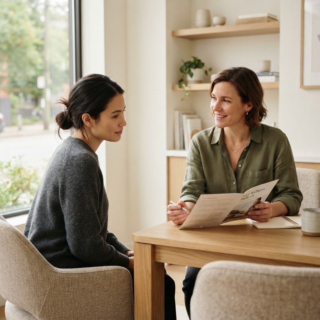 Acupuncture practitioner explaining care to an attentive patient in a contemporary clinic