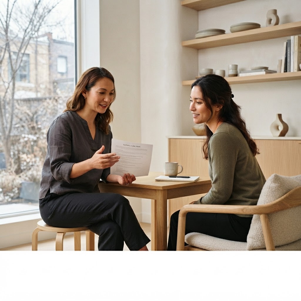 Acupuncturist calmly explaining a patient's care during a consultation