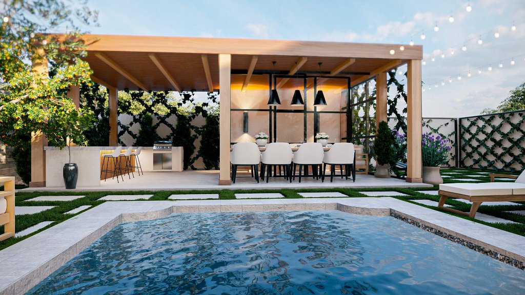 Evening Garden with Fountain Pool