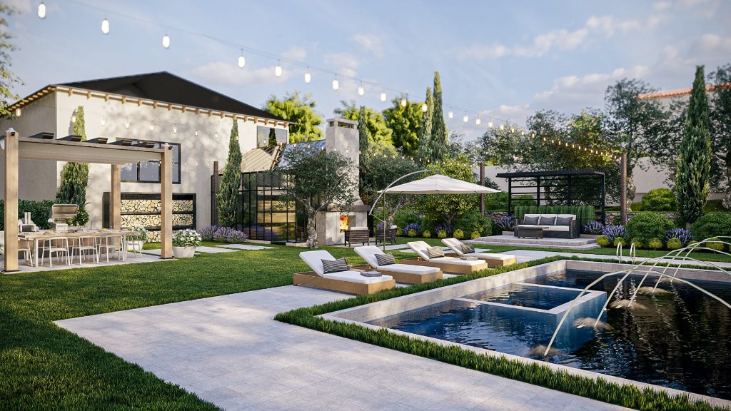 Evening Garden with Fountain Pool - 2