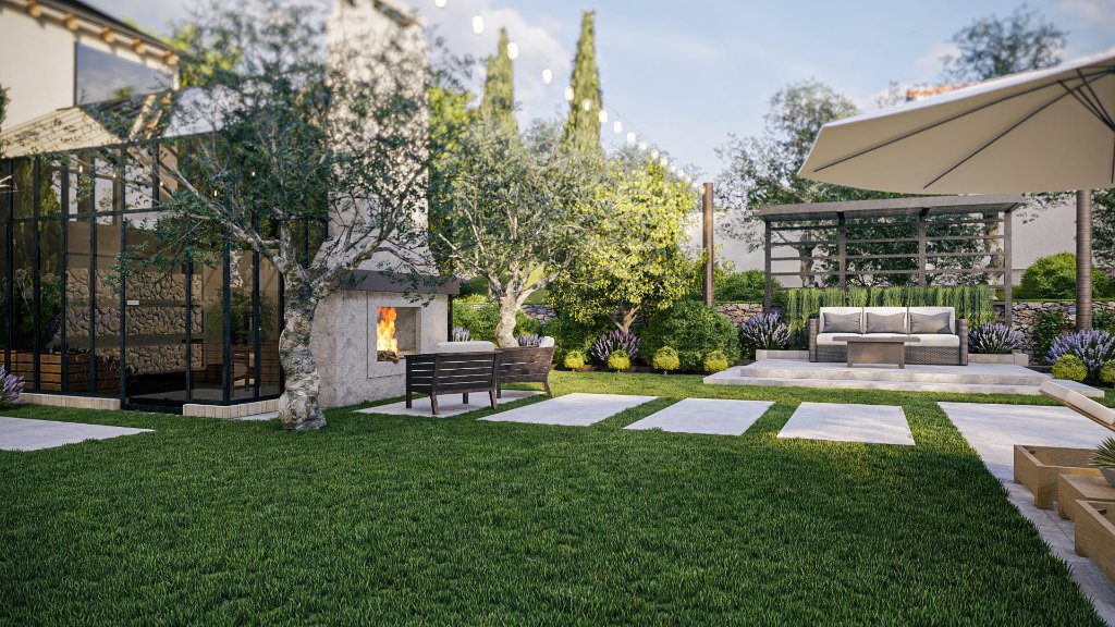 Evening Garden with Fountain Pool - 3