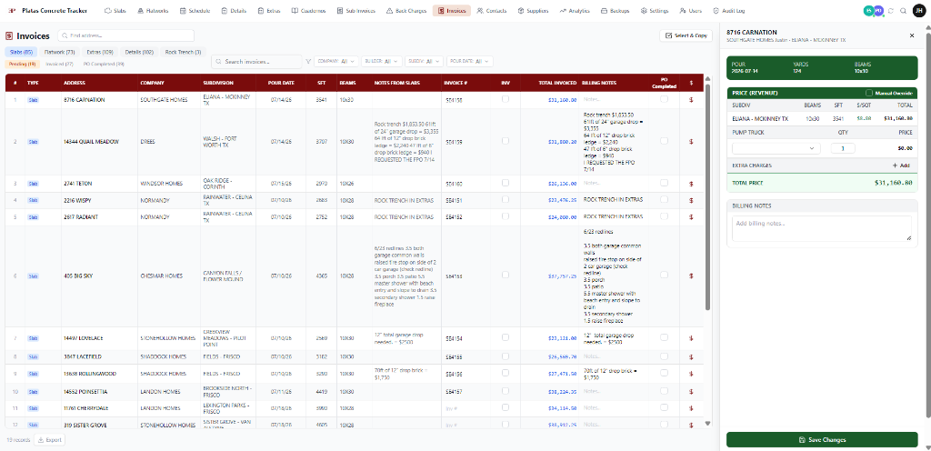 Invoices module with pricing detail panel