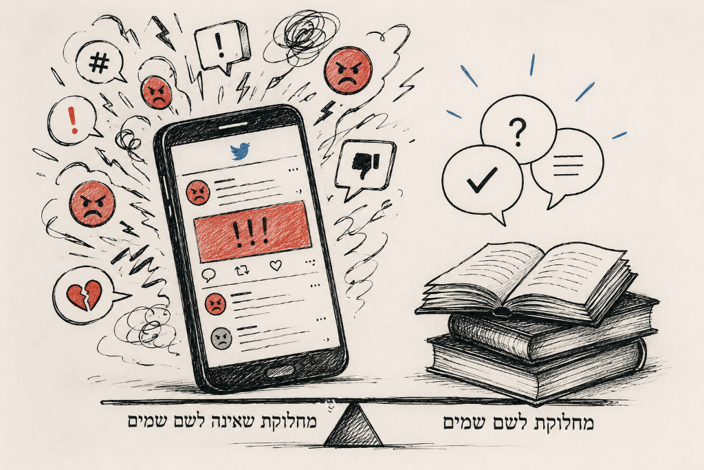 איור של מאזניים — מצד אחד סמארטפון עם פיד זועם, מצד שני ספרי תורה — מחלוקת לשם שמים מול מחלוקת שאינה לשם שמים