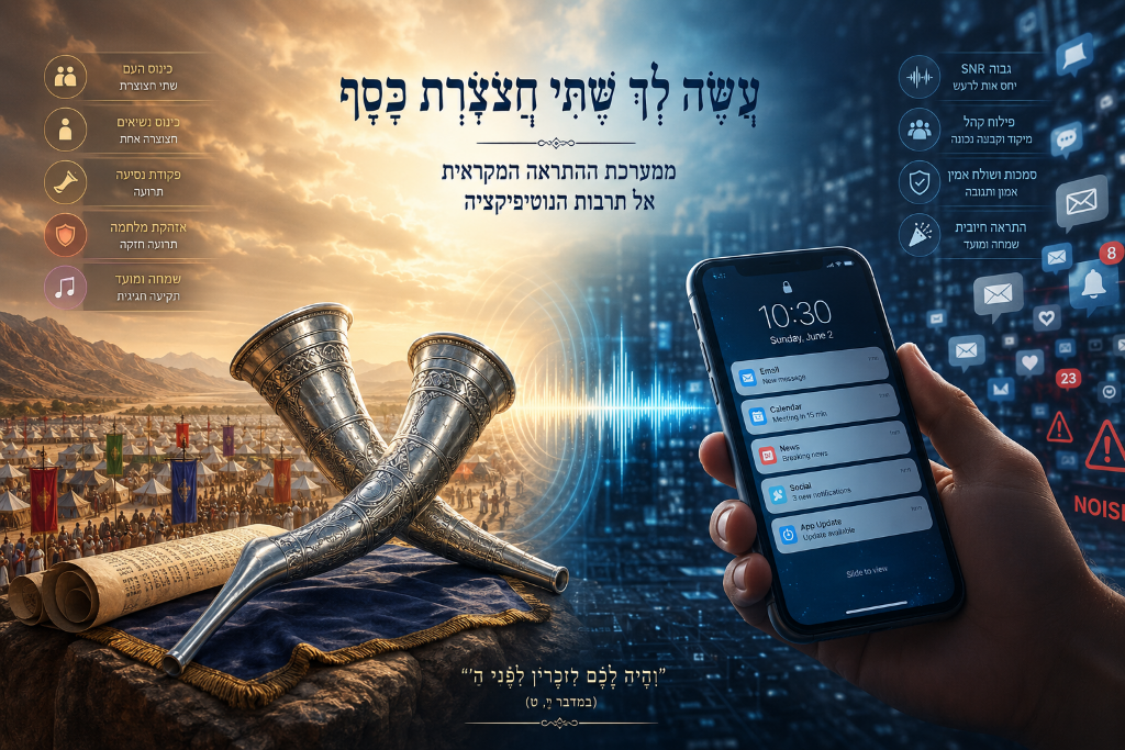 חצוצרות כסף מקראיות לצד מסך סמארטפון עם נוטיפיקציות — ממערכת ההתראה של משה אל תרבות הדיגיטל
