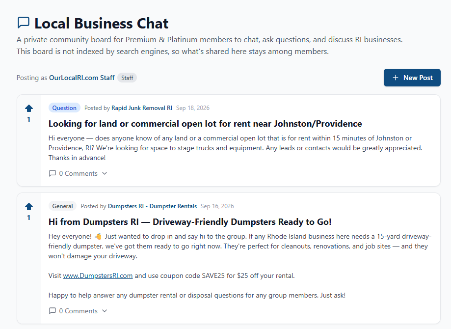 Inside the Local Business Chat: Rhode Island's Private Community Board for Premium Members