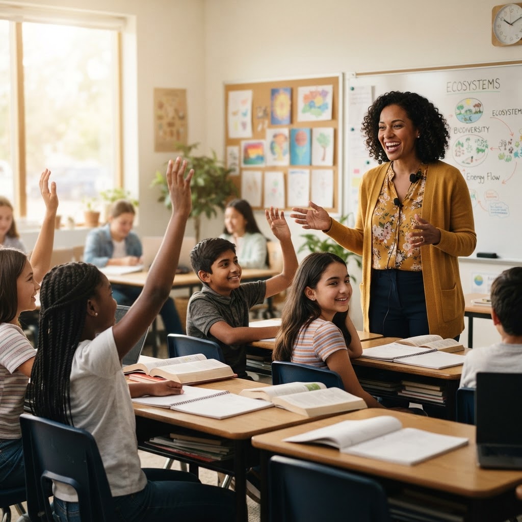 A teacher presenting to a diverse, engaged classroom