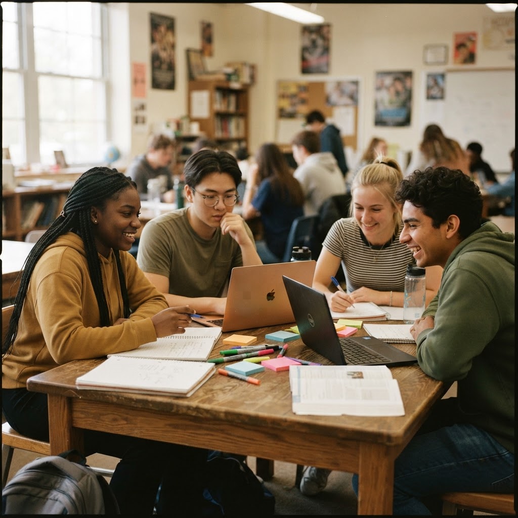 Students collaborating around a table
