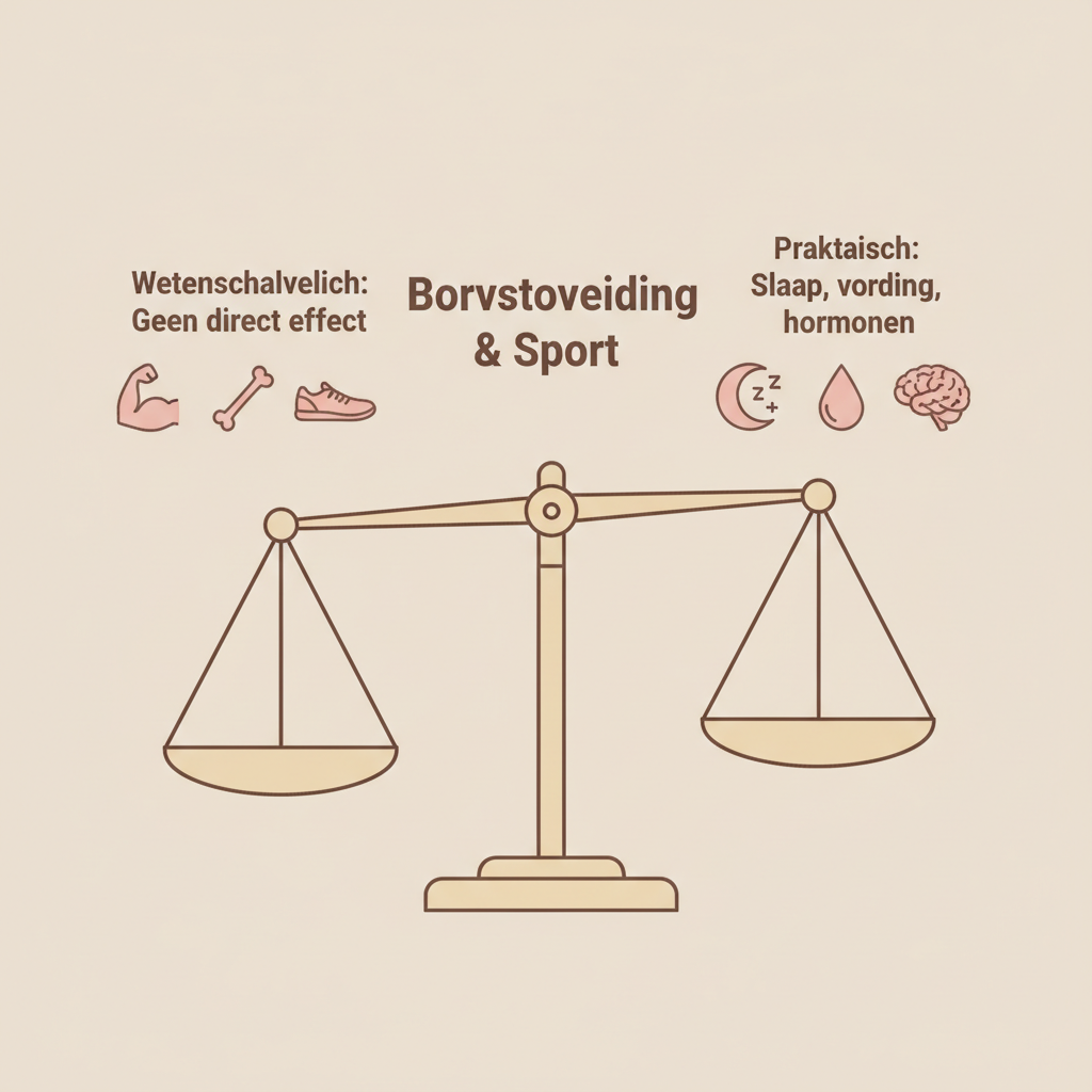 Infographic balans borstvoeding en sport: wetenschappelijk geen direct effect vs. praktische factoren slaap voeding hormonen