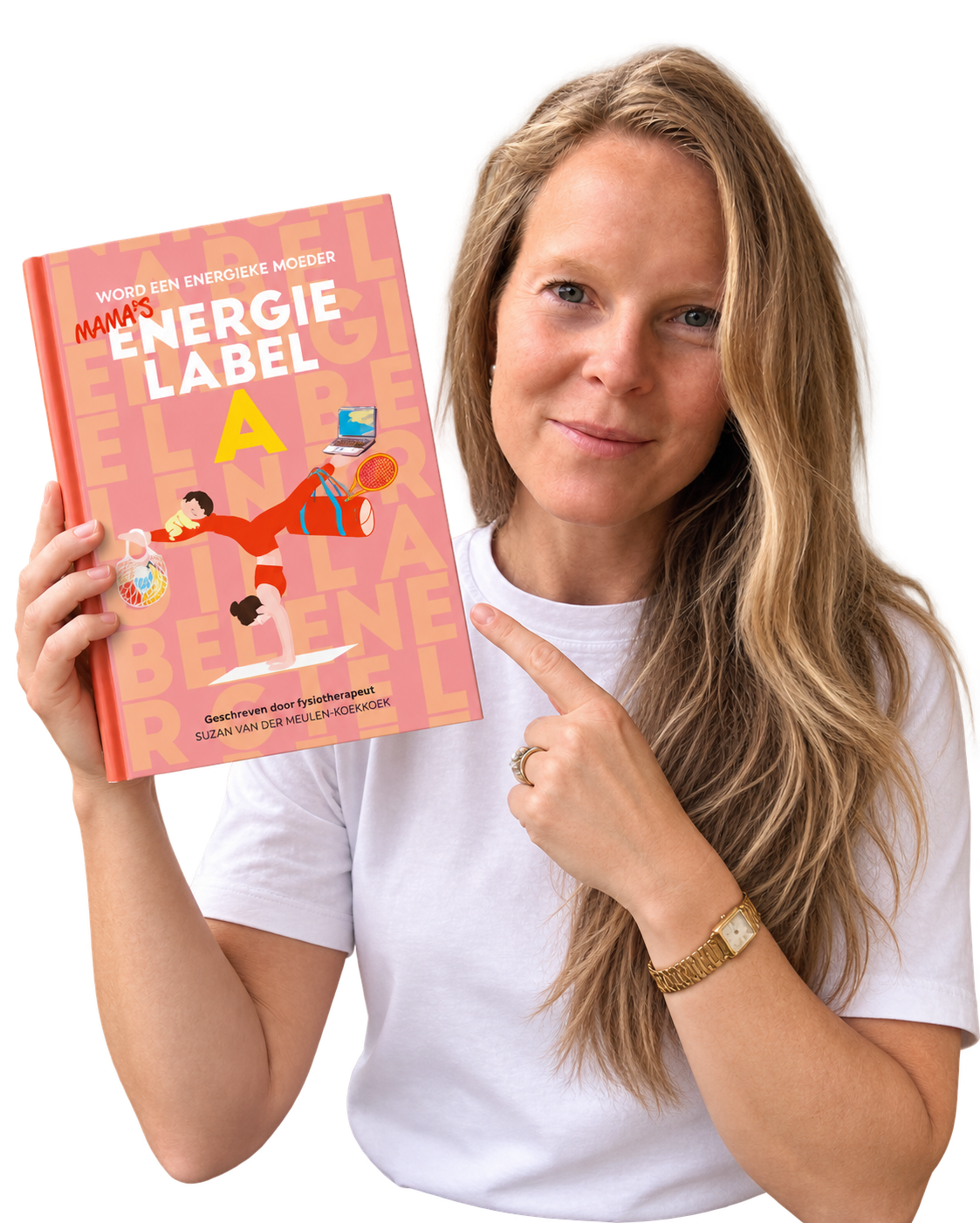 Suzan de VrouwenFysio met het boek Mama's Energie Label