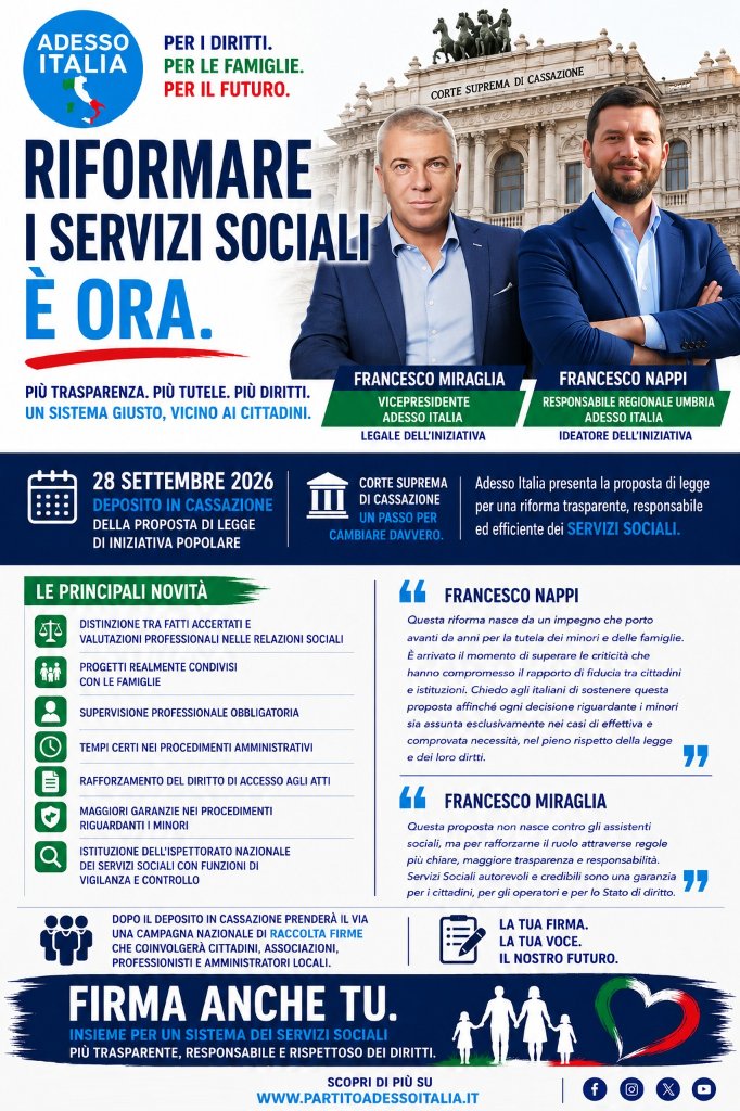 Adesso Italia presenta la riforma dei Servizi Sociali: il 28 settembre in Cassazione la proposta di legge di iniziativa popolare