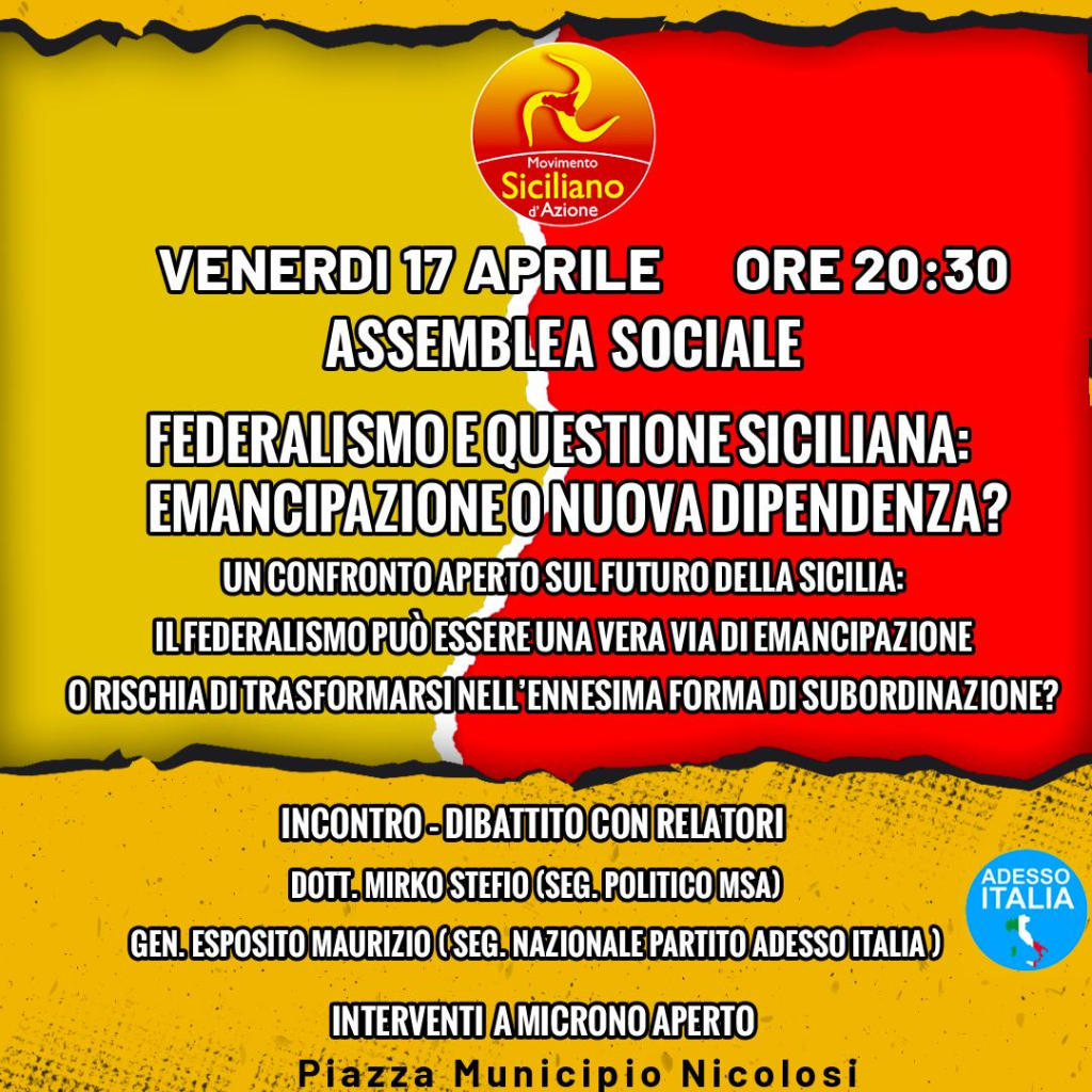 Federalismo e questione siciliana: emancipazione o nuova dipendenza? A Nicolosi un confronto pubblico sul futuro dell'isola