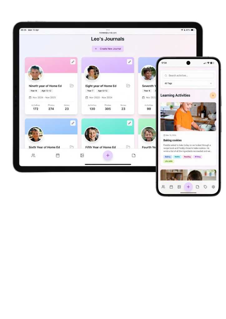 App screenshots showing Home Ed Journal in use