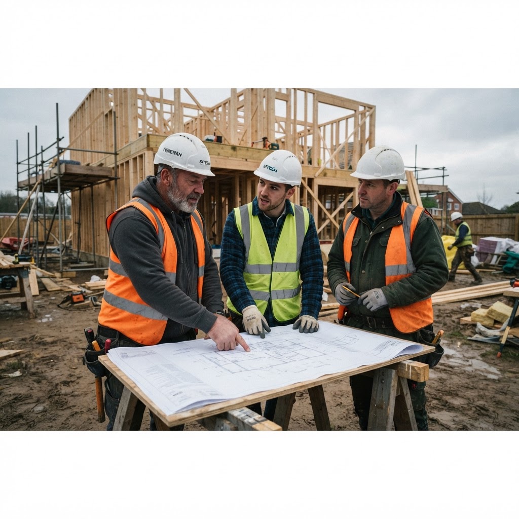 Contractors reviewing plans at a job site
