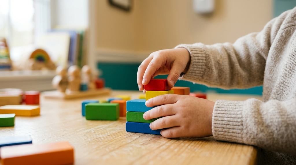 Young child stacking colorful blocks — Together Pediatrics supports developmental milestones in Indianapolis