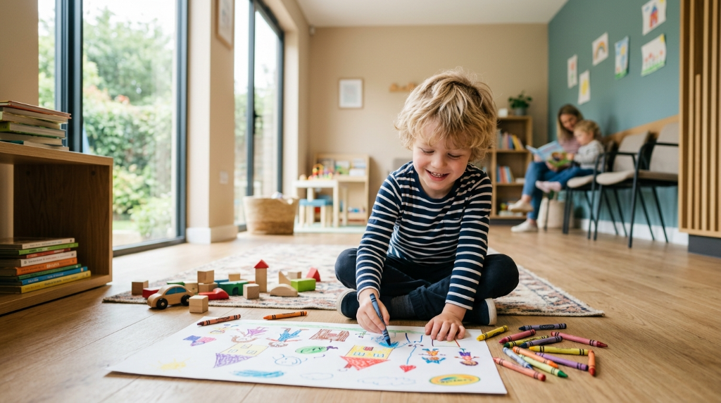 Child drawing during a relaxed, unhurried pediatric visit at Together Pediatrics in Indianapolis