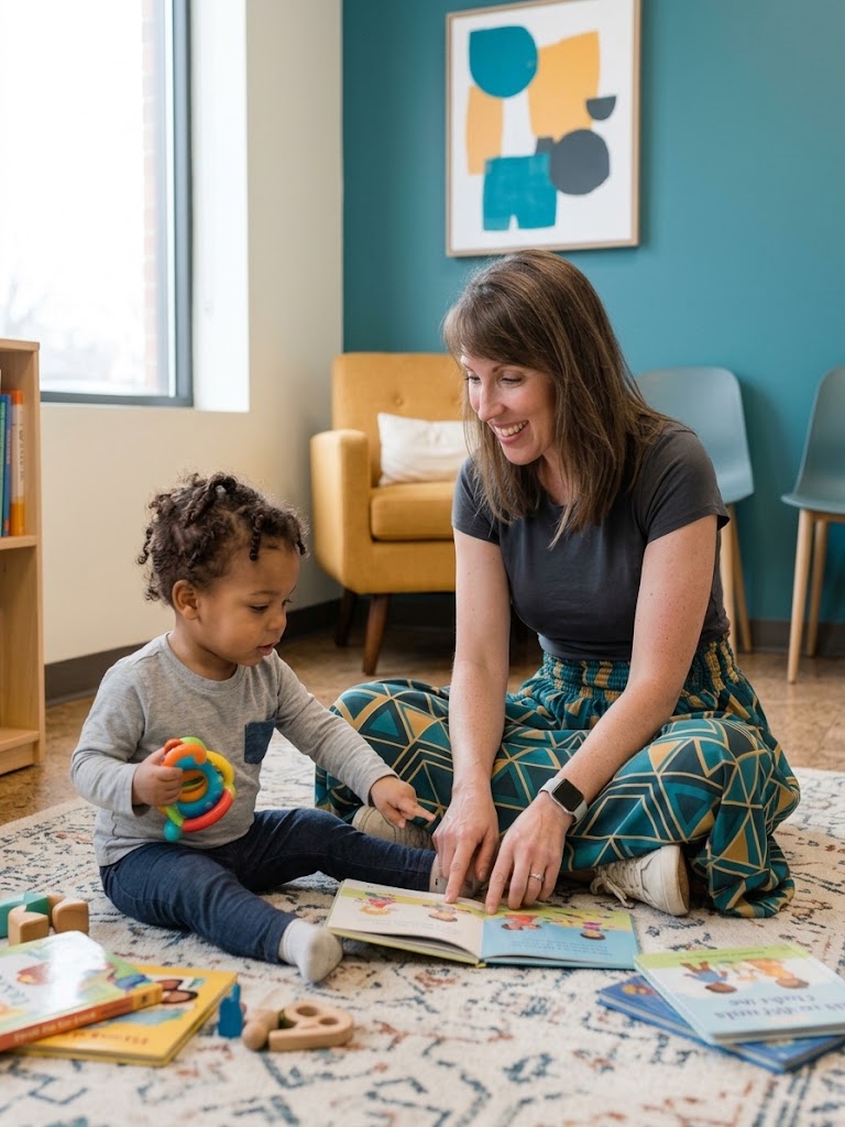 A caregiver and child reading a book together on the floor at Together Pediatrics in Indianapolis, Indiana