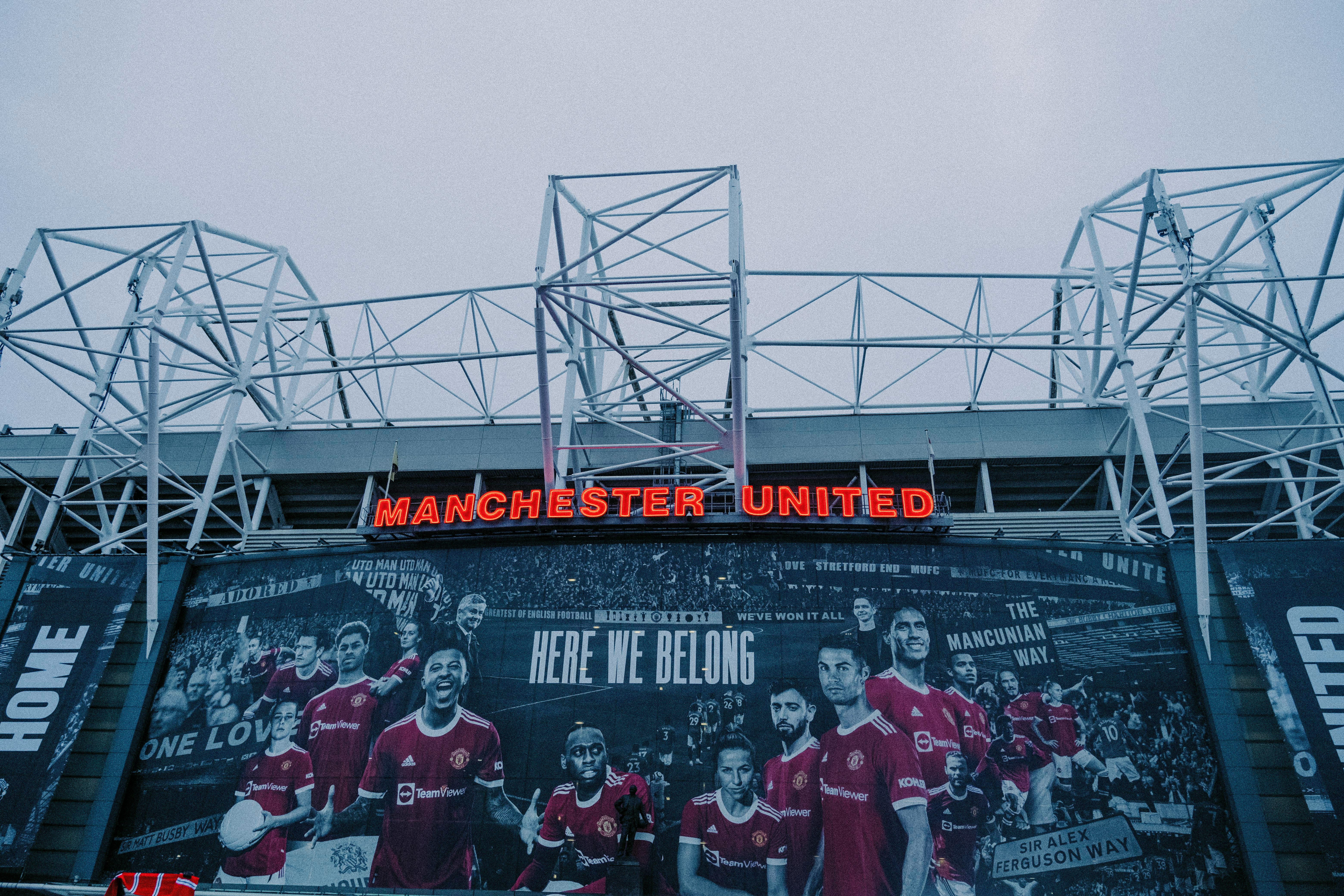 The Old Trafford stadium facade on Sir Matt Busby Way